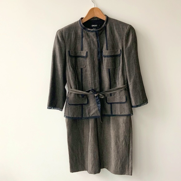 DKNY two piece suite, dress size 8, jacket size 6, warm brown grey with a sheen - Picture 1 of 8